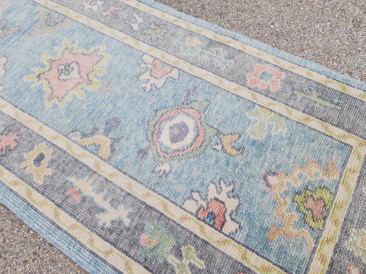 3x10 Handwoven Oushak Wool Runner Rug: Pastel Blue Floral Hallway Rug, Home Rustic Decor