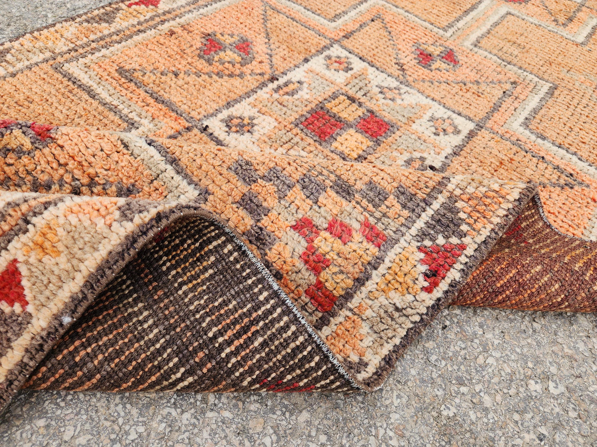 Orange Herki Runner Rug 3x11, Wool on Wool Oriental Decor, Turkish Hand Made, Kitchen Decor