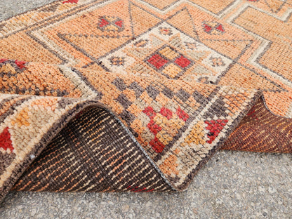 Orange Herki Runner Rug 3x11, Wool on Wool Oriental Decor, Turkish Hand Made, Kitchen Decor