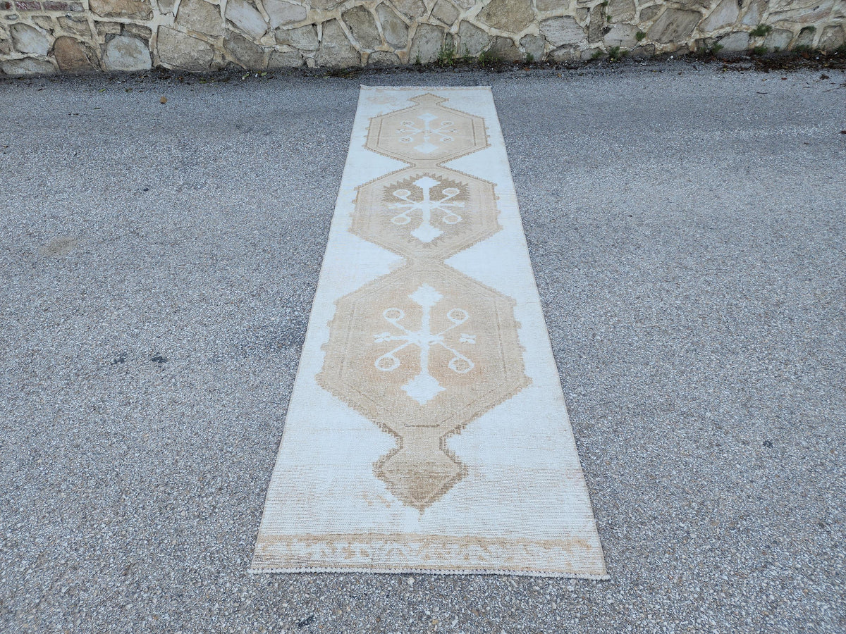 3x12 Neutral Runner Rug: Beige Turkish Handmade Boho Kitchen Decor