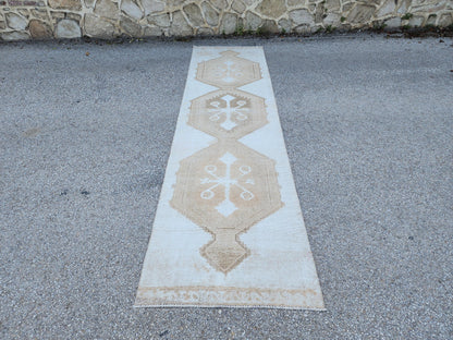 3x12 Neutral Runner Rug: Beige Turkish Handmade Boho Kitchen Decor