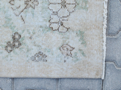Handwoven Turkish Oushak Rug 4x6: Green Wool & Cotton Vintage Rug