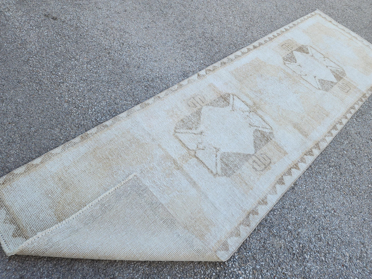 Neutral Wool Runner Rug 3x11: Hand Made Oriental Hallway Decor, Up Cycled Wool