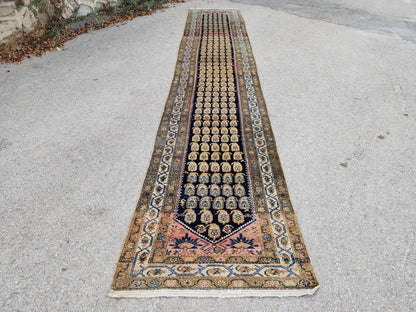 Antique Caucasian Runner Rug 3x17 ft | 100-Year-Old Hand-Knotted Wool Rug | Navy Blue Floral Gallery Runner