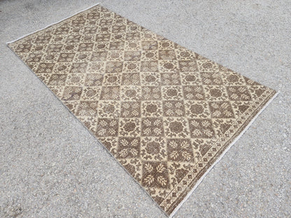 3x7 Vintage Area Rug, Brown Geometric Design Carpet, Hand Made Turkish Wool