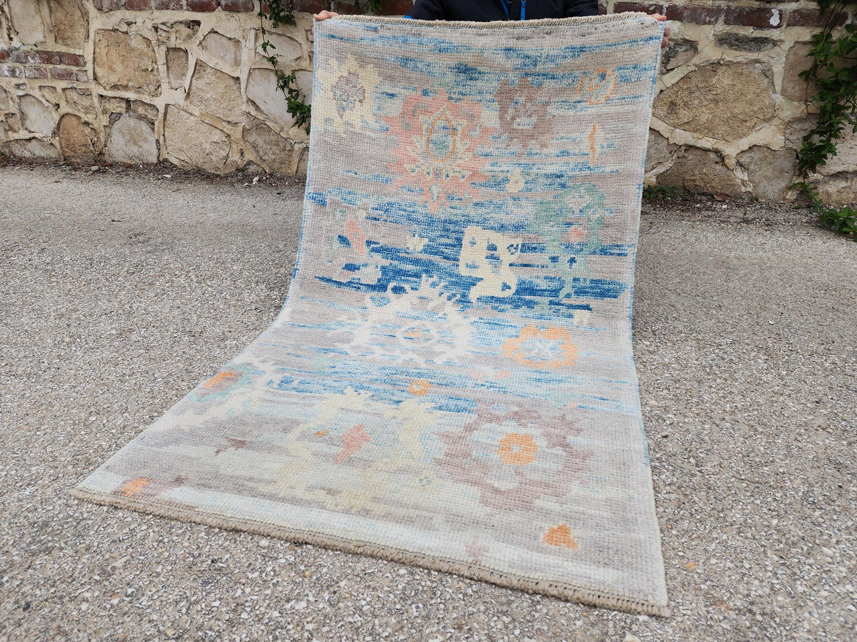 2x4 Small Oushak Rug: Abstract Blue, Up cycled Carpet, Home Wool Decor
