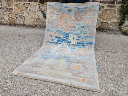 2x4 Small Oushak Rug: Abstract Blue, Up cycled Carpet, Home Wool Decor