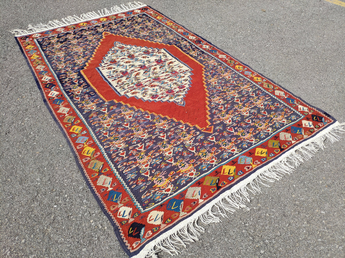 Antique Kilim Rug 4x6: Navy Blue Medallion, Oriental Style