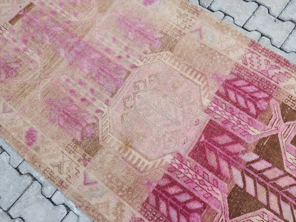 3x11 Pink Wool Runner Rug, Hand-Knotted Hallway & Entryway Rug, Neutral Boho Decor