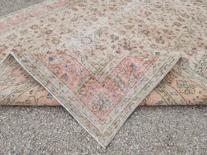 Handwoven Wool Oushak Rug 7x11: Vintage Turkish Neutral Area Rug