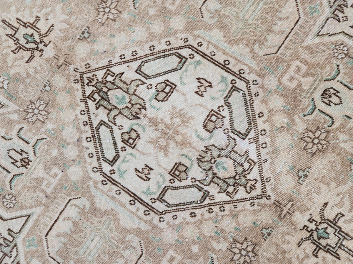Vintage Neutral Rug 9x12, Up Cycled Wool, Hand Knotted Geometric Design, Brown and Beige