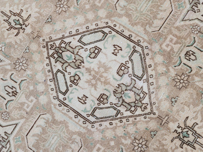 Vintage Neutral Rug 9x12, Up Cycled Wool, Hand Knotted Geometric Design, Brown and Beige