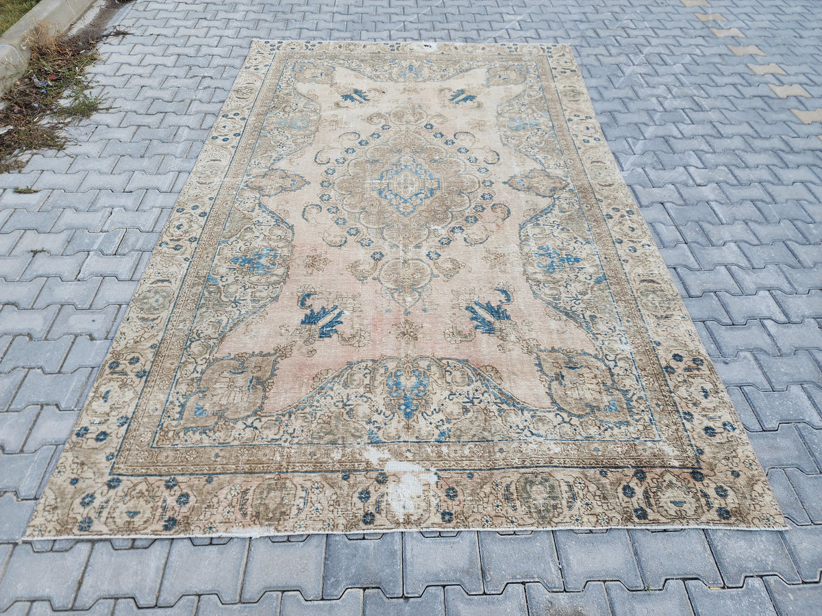 6x10 Turkish Area Rug, Beige and Blue Color, Dining Room Wool Hand Knotted Decor