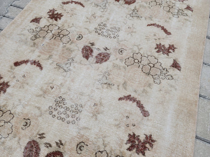3x6 Vintage Turkish Oushak Rug: Beige Floral Entryway Rug