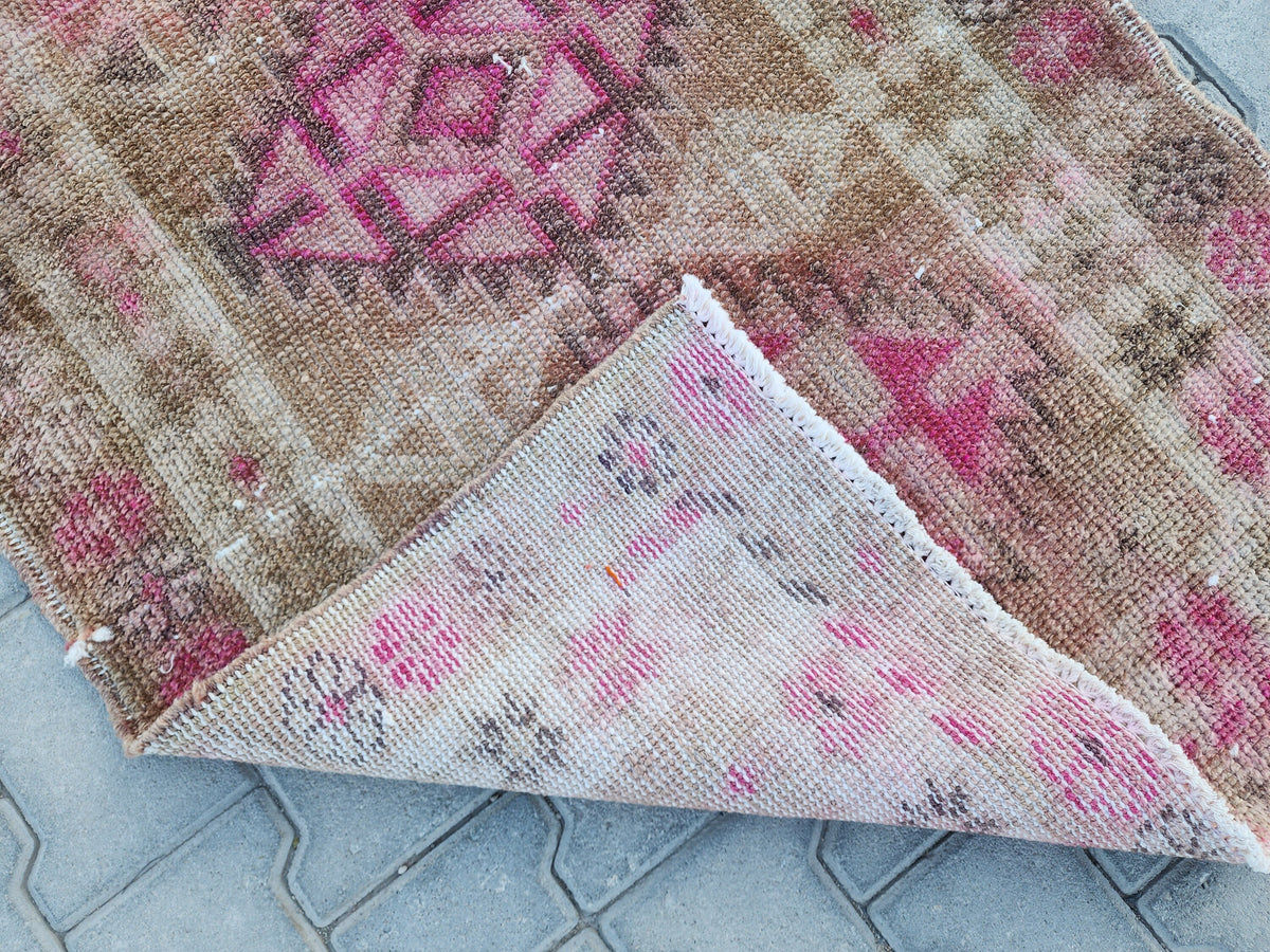 3x11 Vintage Runner Rug : Herki Handwoven Wool, Pink & Brown