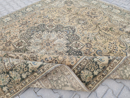 Hand Knotted Oushak Turkish Rug: 8x11 Vintage Wool Area Rug