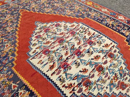 Antique Kilim Rug 4x6: Navy Blue Medallion, Oriental Style