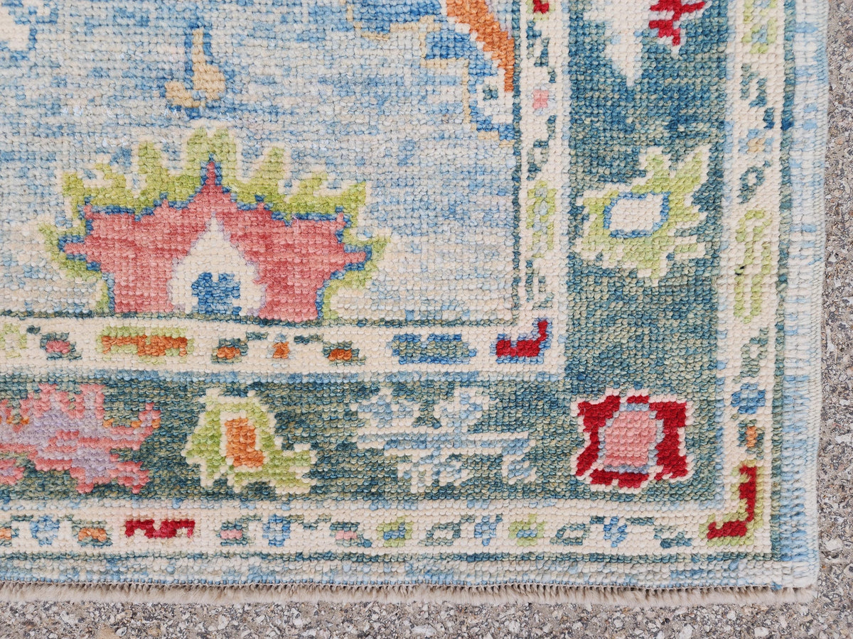 Handwoven Oushak Wool Rug 3x4, Light Blue Floral Entryway Rug