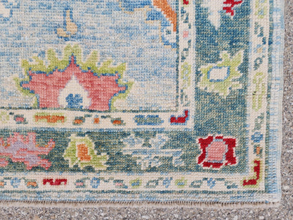 Handwoven Oushak Wool Rug 3x4, Light Blue Floral Entryway Rug