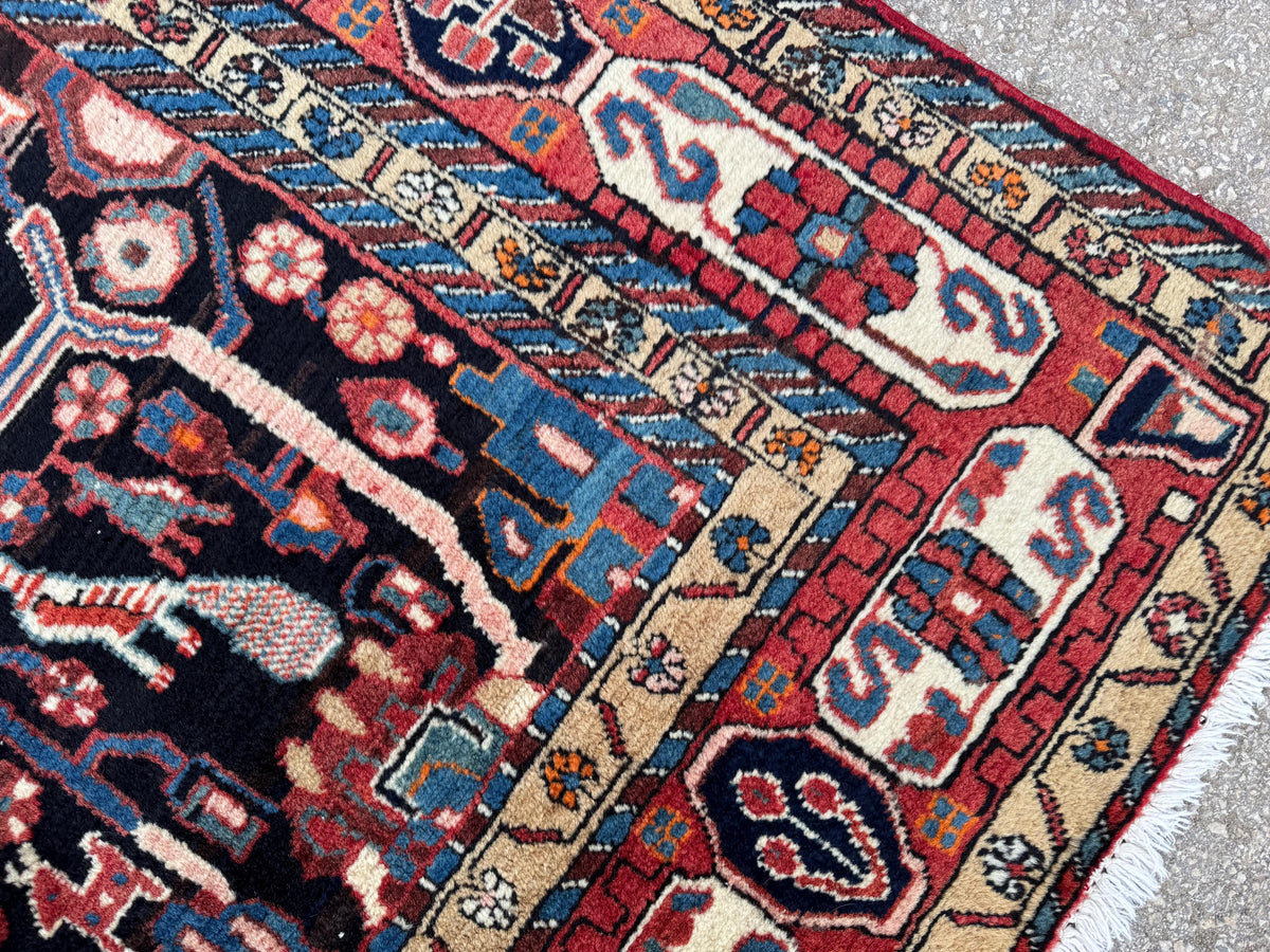 Antique Heriz Rug 5x10: Soft Wool Hand Knotted, Navy and Faded Red