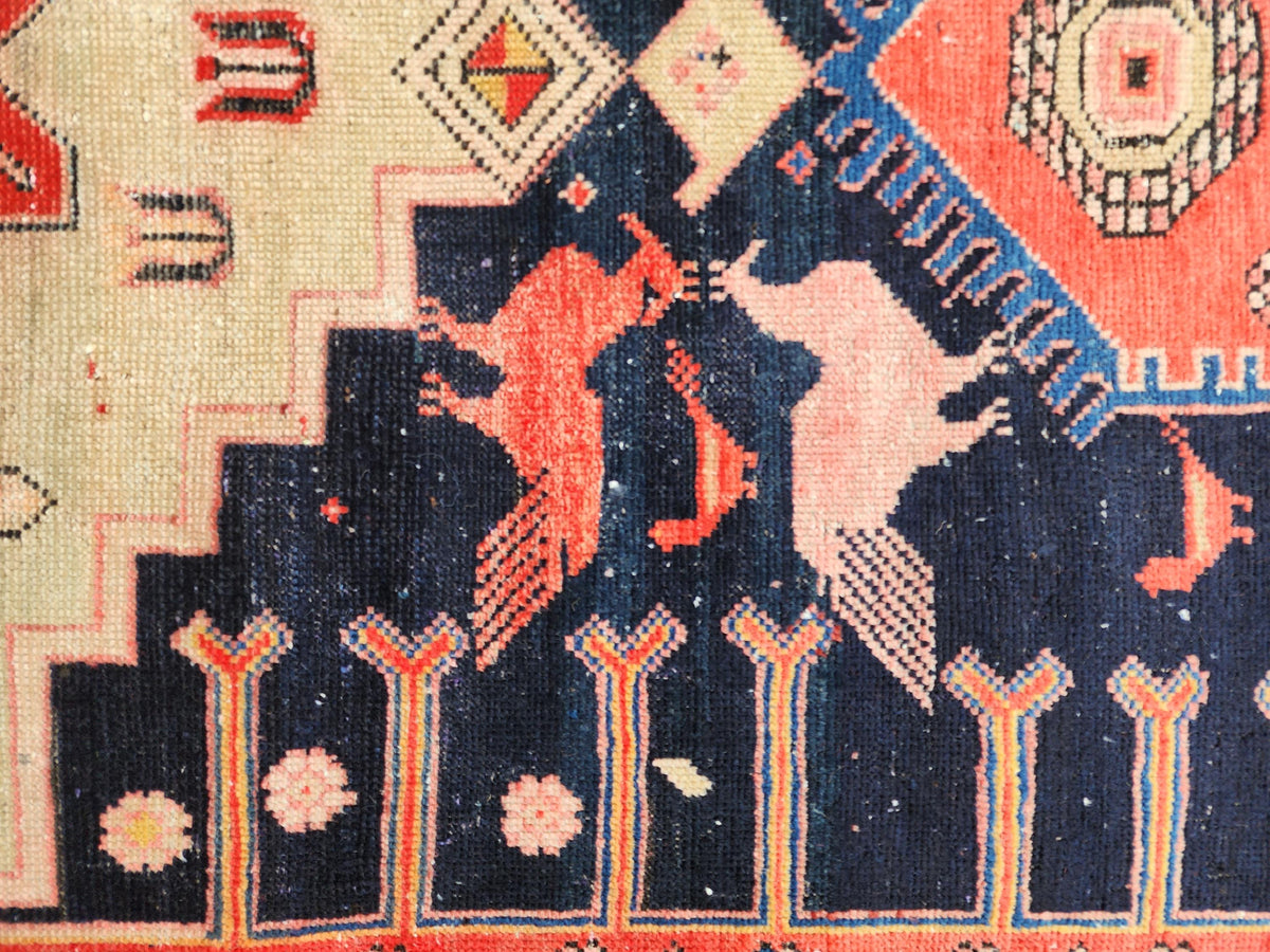 3.7x9.7 Vintage Caucasian Runner Rug, 1950s Handwoven Wool Carpet, Animal Motif Navy Red Tribal Design