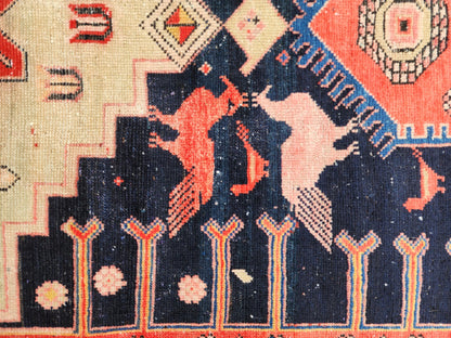 3.7x9.7 Vintage Caucasian Runner Rug, 1950s Handwoven Wool Carpet, Animal Motif Navy Red Tribal Design