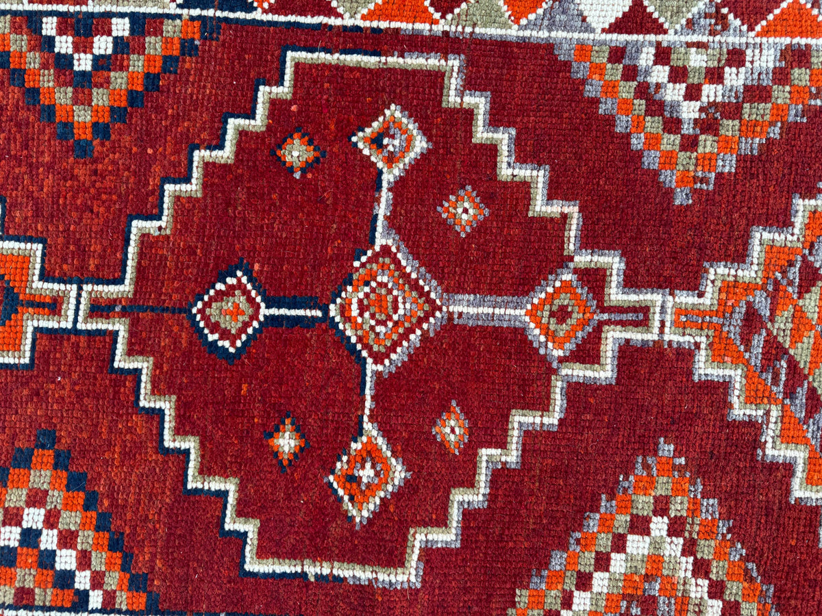 3x13 Long Herki Runner Rug: Vintage Handwoven Wool Orange and Brown Tribal Geometric Design