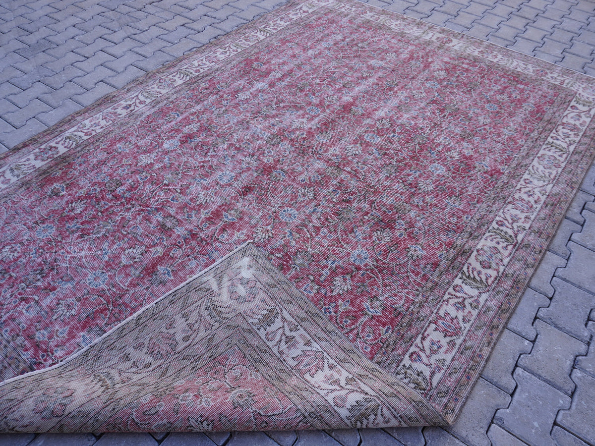 Vintage Turkish Oushak Rug 7x10: Handwoven Wool & Cotton Faded Red Rug