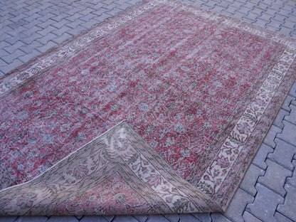 Vintage Turkish Oushak Rug 7x10: Handwoven Wool & Cotton Faded Red Rug