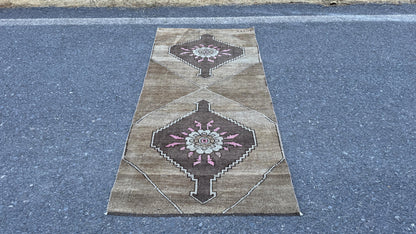3x7 Small Kars Rug, Hand Knoted Boho Decor, Wool on Wool Brown Carpet