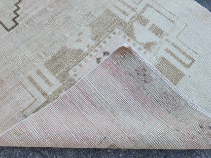 3x14 Neutral Long Runner Rug, Turkish Malatya Hand Made Wool, Beige Geometric Design