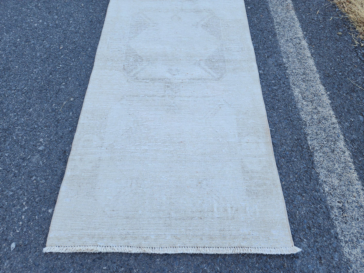 3x12 Neutral Runner Rug, Turkish Hand Knotted, Up Cycled Wool, Kitchen Decor