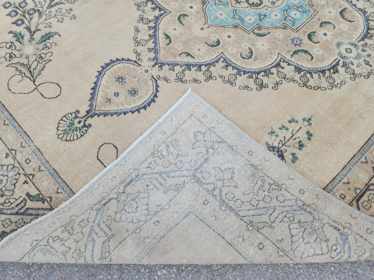 Hand Knotted Wool Area Rug 9x12: Blue Medallion and Beige Vintage Farmhouse Rug