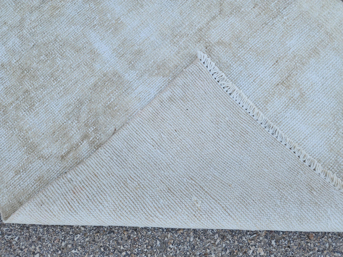 Neutral Turkish Wool Runner Rug 2x11: Hand-Knotted Bohemian Hallway Decor