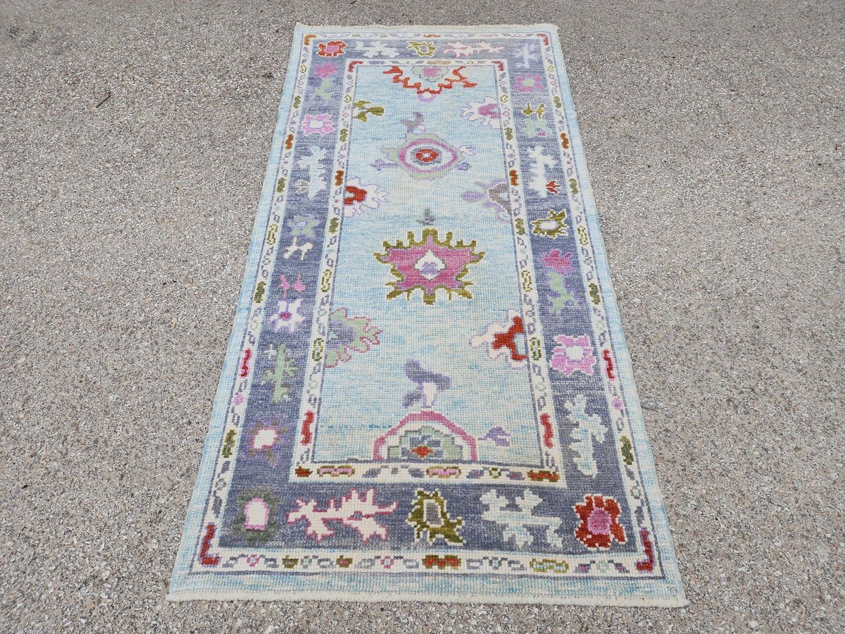 Handwoven 3x6 Oushak Wool Rug: Soft Blue Floral Medallion, Rustic Home Decor