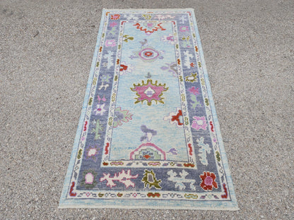 Handwoven 3x6 Oushak Wool Rug: Soft Blue Floral Medallion, Rustic Home Decor