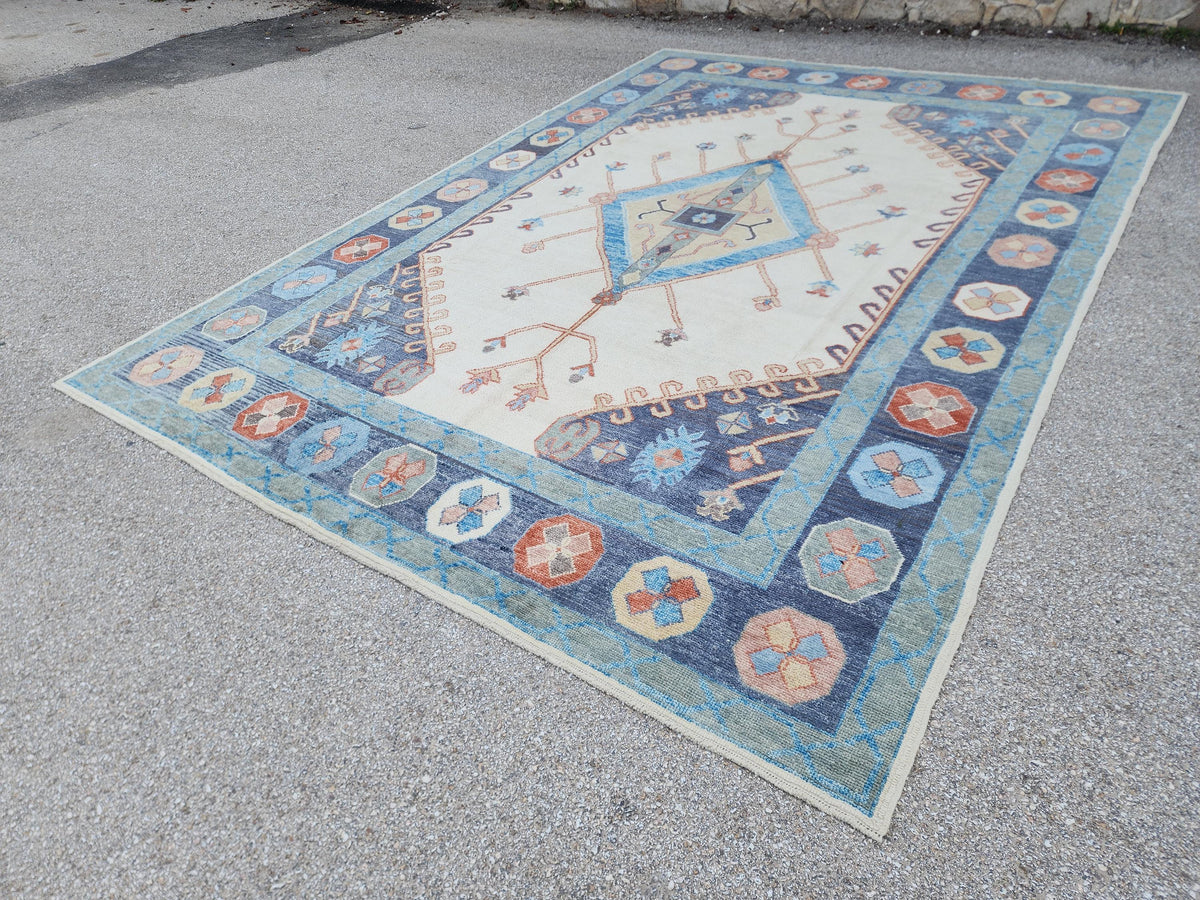 Handwoven Oushak Rug 10x14: Beige & Blue Turkish Wool Rug, Farmhouse Home Decor