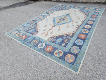 Handwoven Oushak Rug 10x14: Beige & Blue Turkish Wool Rug, Farmhouse Home Decor
