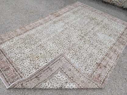 Handmade Oushak Wool Rug 7x10: Vintage Turkish Beige Carpet