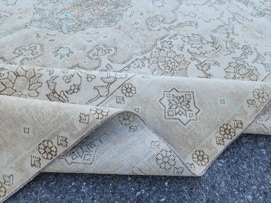 Vintage Area Rug 9x12, Neutral Hand Knotted Wool, Bohemian Farmhouse Decor