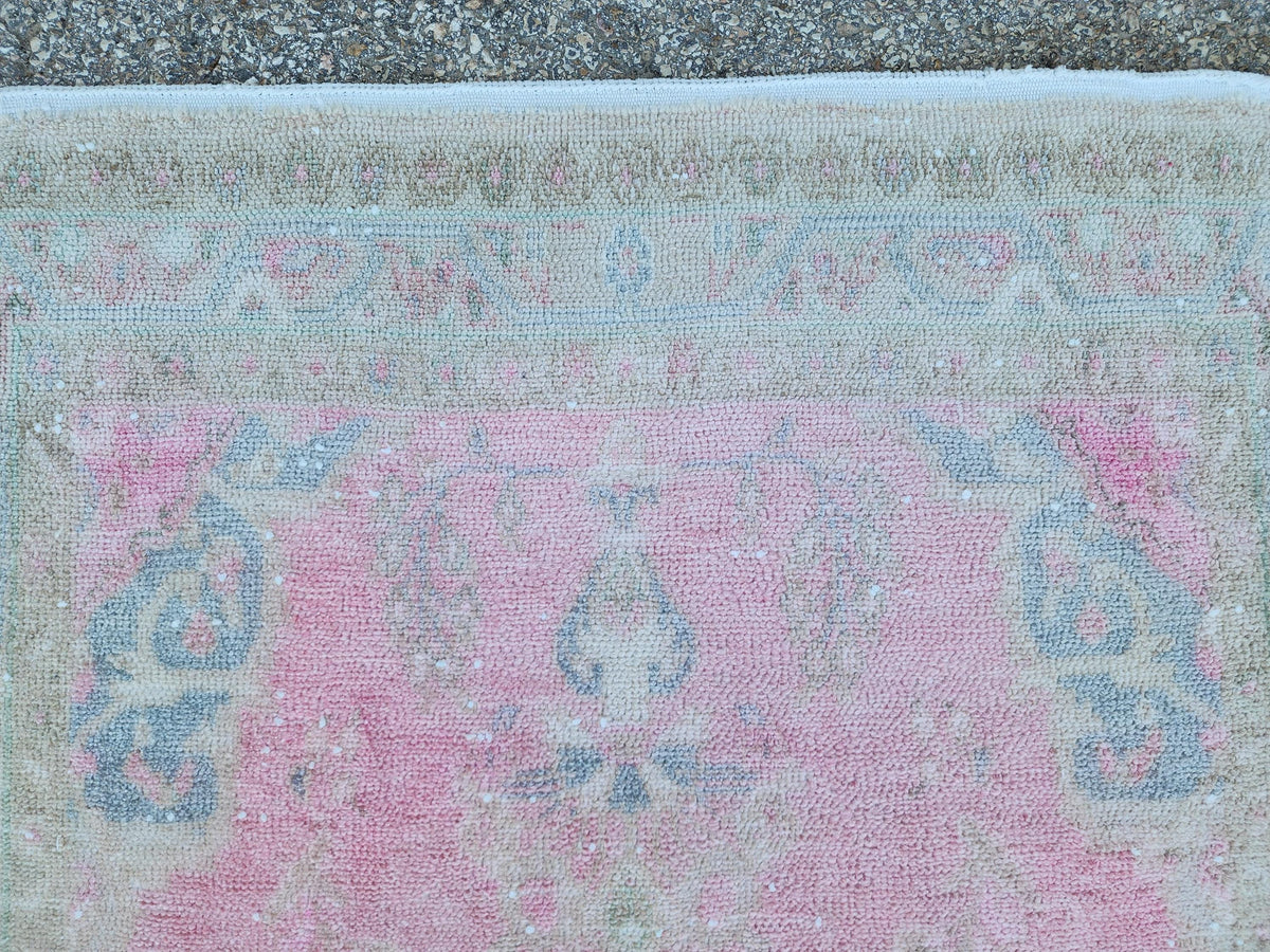 3x9 Boho Runner Rug, Powder Pink Wool Hand Made, Kitchen Rustic Decor