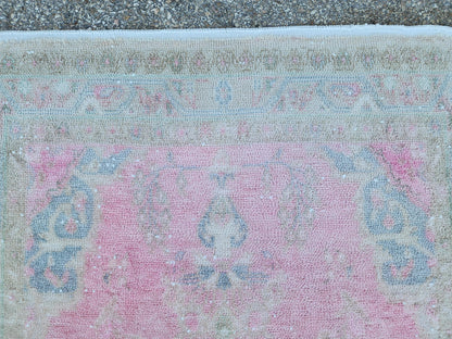 3x9 Boho Runner Rug, Powder Pink Wool Hand Made, Kitchen Rustic Decor