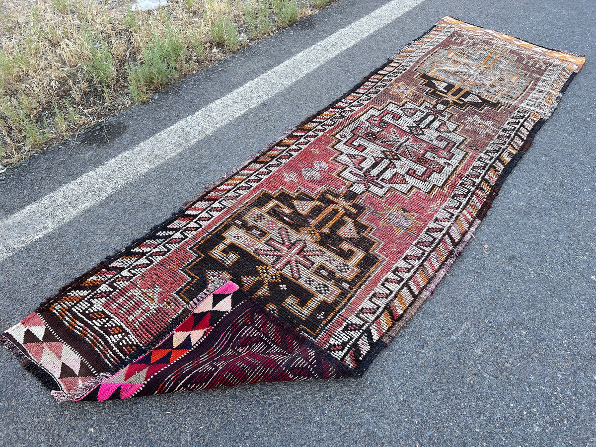 Handwoven Wool Runner Rug: 3x10 Vintage Turkish Herki Rug