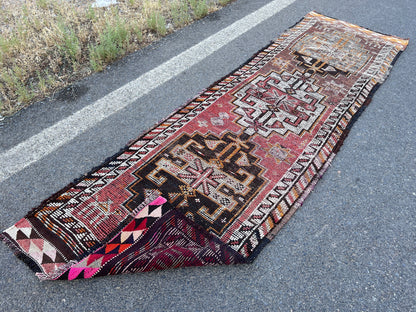 Handwoven Wool Runner Rug: 3x10 Vintage Turkish Herki Rug