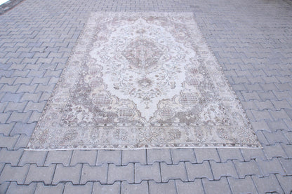 7x10 Neutral Area Rug, Bohemian Home Decor, Oriental Wool Beige and Green Carpet