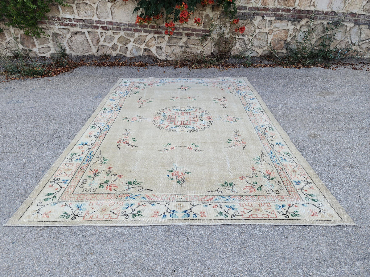 Turkish Area Rug 7x10, Living Room Boho Decor, Rustic Hand Made Wool