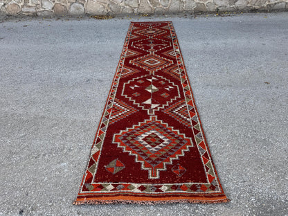 3x13 Long Herki Runner Rug: Vintage Handwoven Wool Orange and Brown Tribal Geometric Design