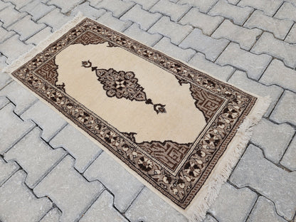Vintage Turkish Oushak Rug 1x3: Beige Ottoman Wool Rug