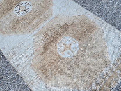3x11 Neutral Turkish Wool Runner Rug, Hand-Knotted Vintage Hallway & Entryway Rug