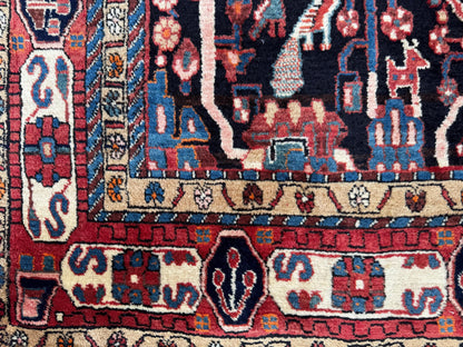Antique Heriz Rug 5x10: Soft Wool Hand Knotted, Navy and Faded Red